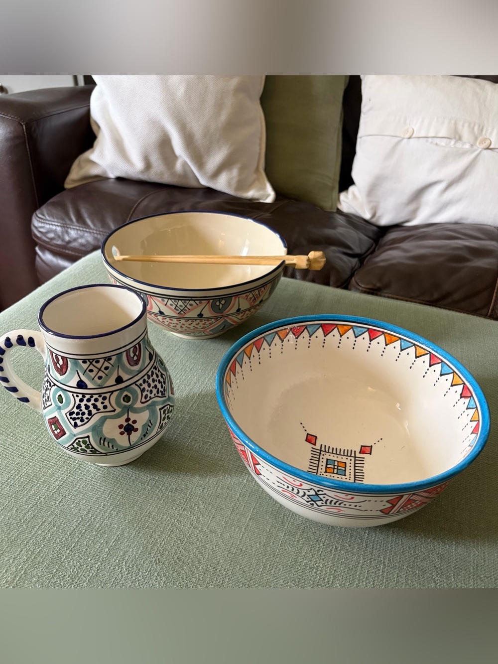 Handcrafted Le Souk Ceramique Mug, Bowl & Serghini Bowl w/Hand Carved Chopsticks - Picture 12 of 15